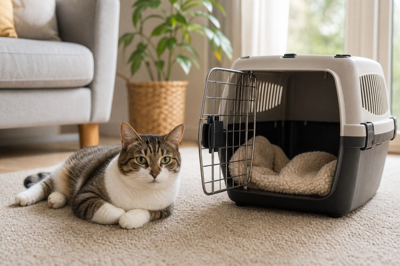 開いたキャリーのそばでくつろぐ猫