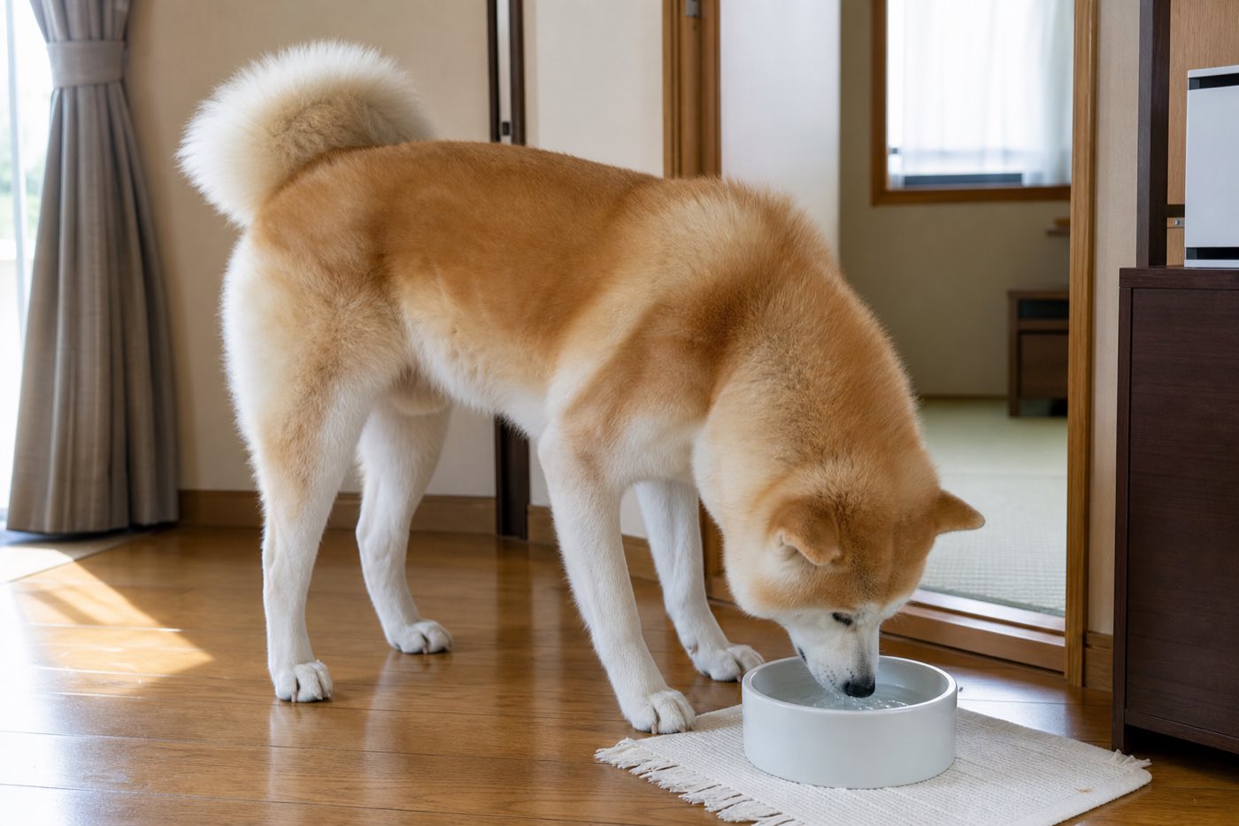 水を飲む秋田犬