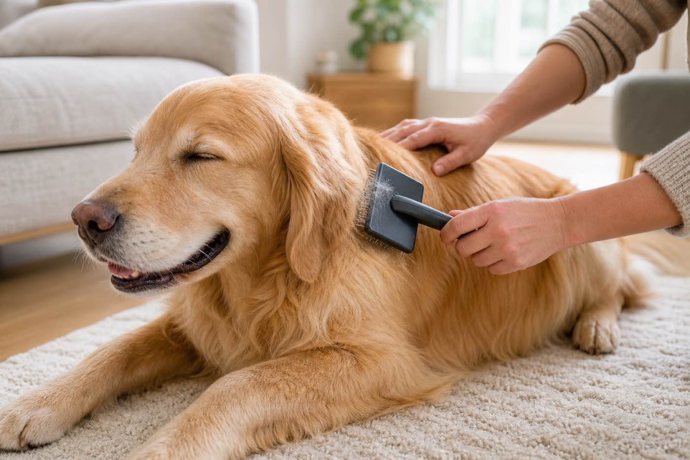 ブラッシングをしてもらう犬