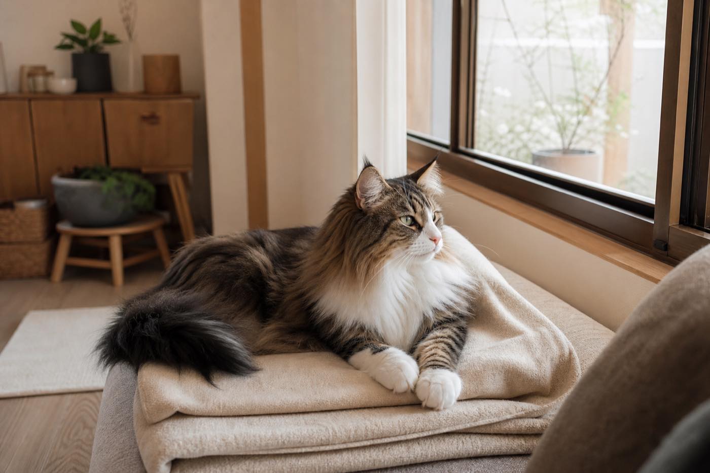 窓辺の毛布でくつろぐノルウェージャン・フォレスト・キャット