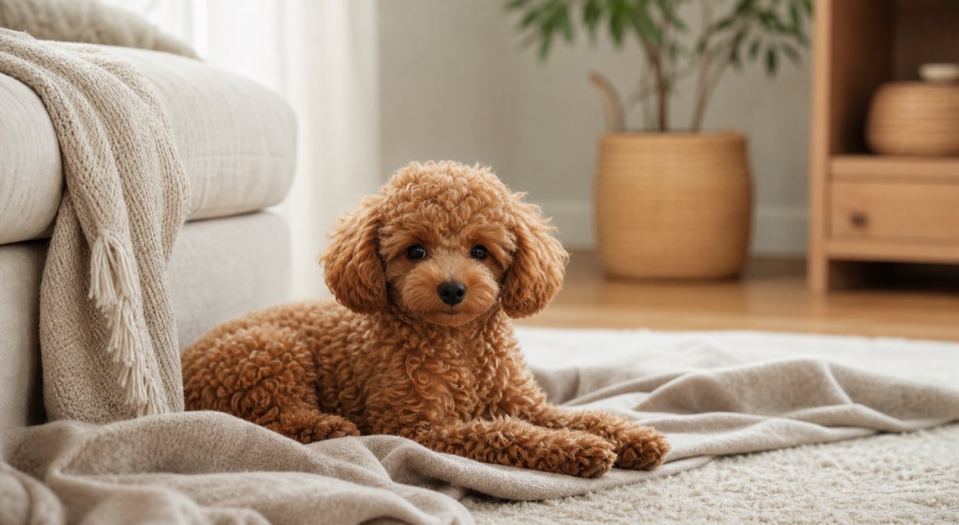 室内でくつろぐトイプードルの子犬