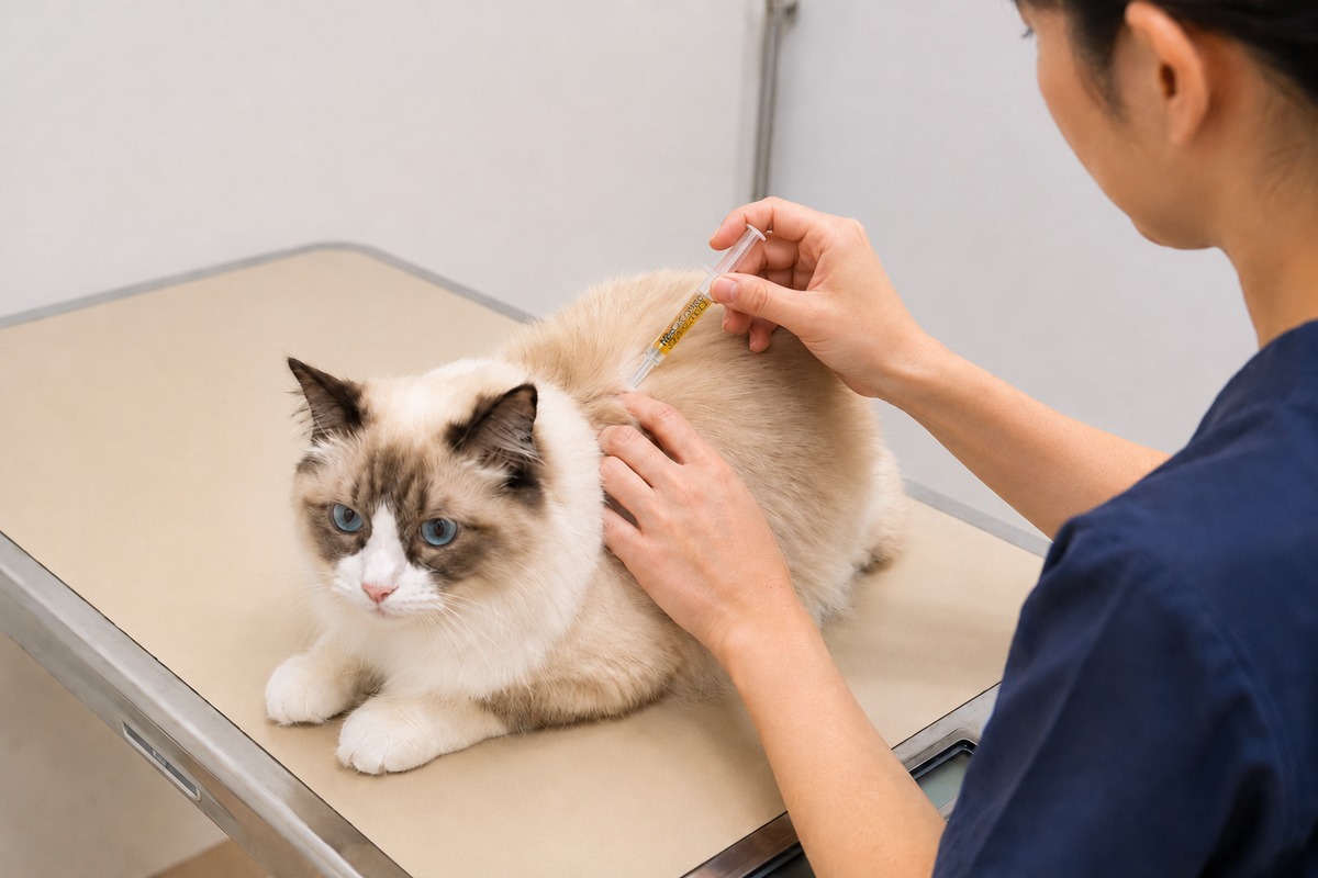 診察台でノミ・マダニ予防のスポットタイプのお薬を背中につけてもらう猫ちゃん