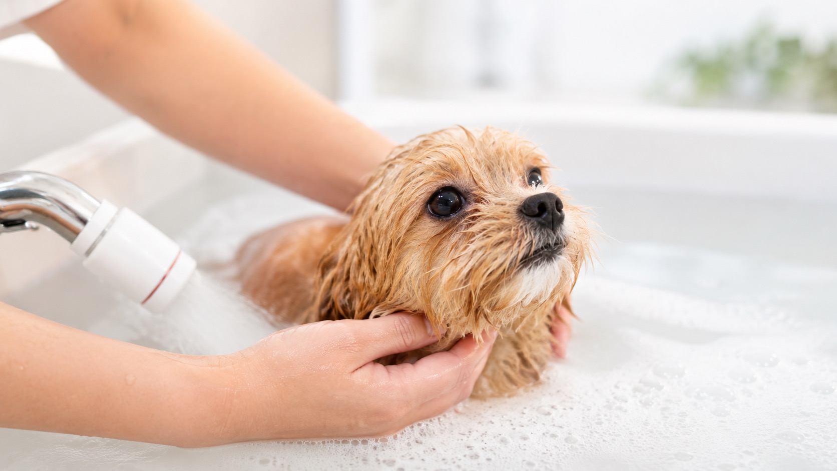 マイクロバブル入浴で泡を使ってやさしく洗われている犬の様子